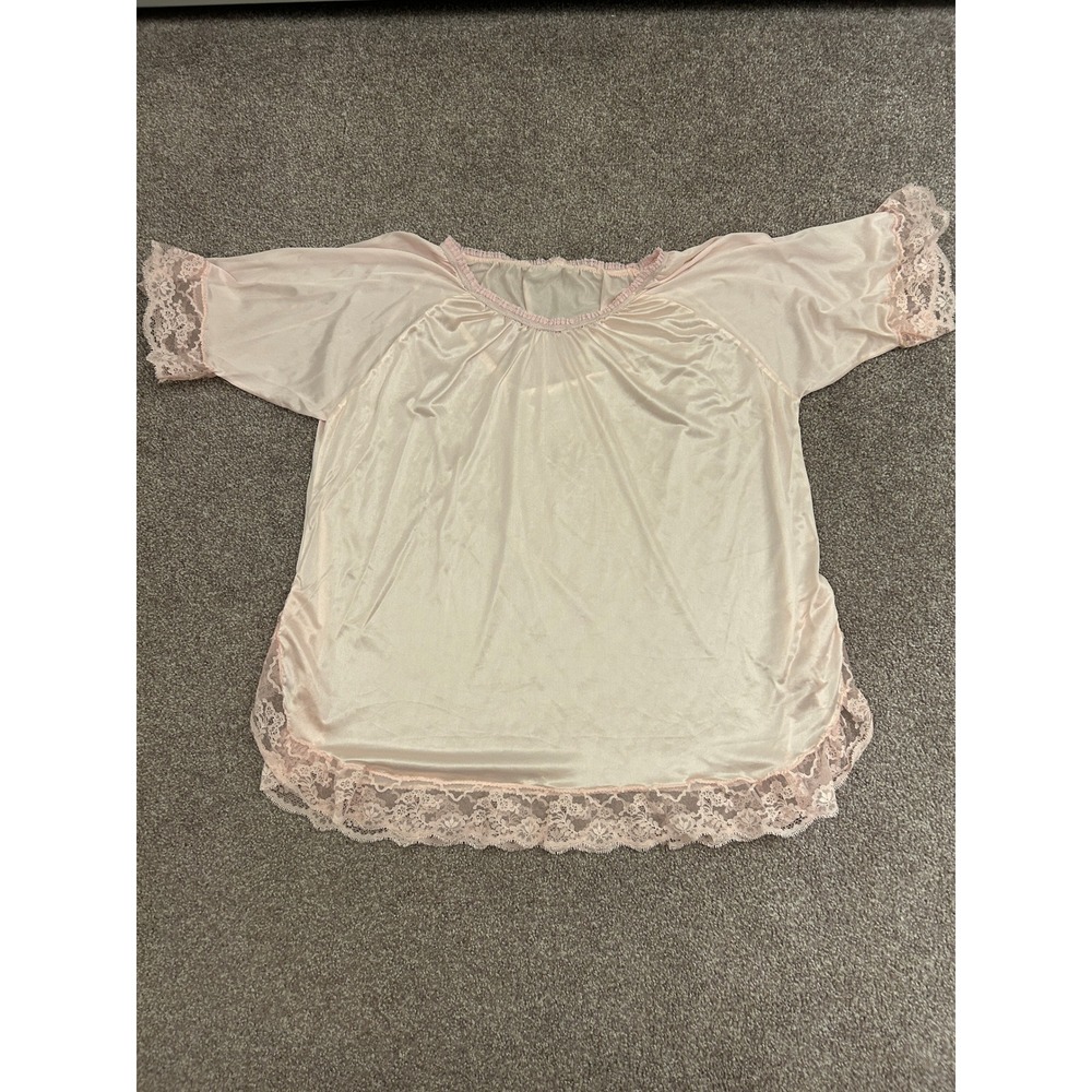 Vintage Pajama Top Women XL Pink Excellent Lace Trim Satin Short Sleeve Sleep